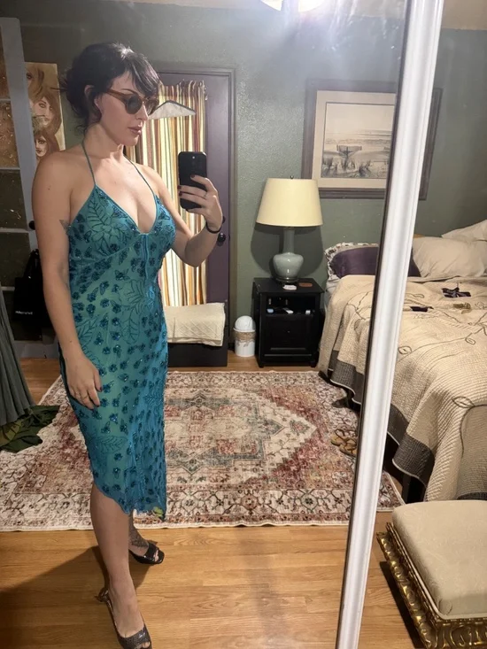 VNTG Caché 100% SILK Beaded Fairy Gown Y2K Teal Blue Handkerchief Hem SZ 6 - Picture 4 of 8